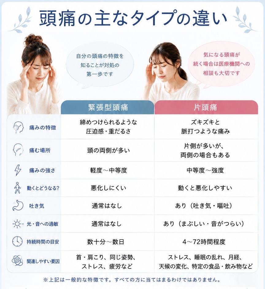 緊張型頭痛と片頭痛の主な特徴の違い