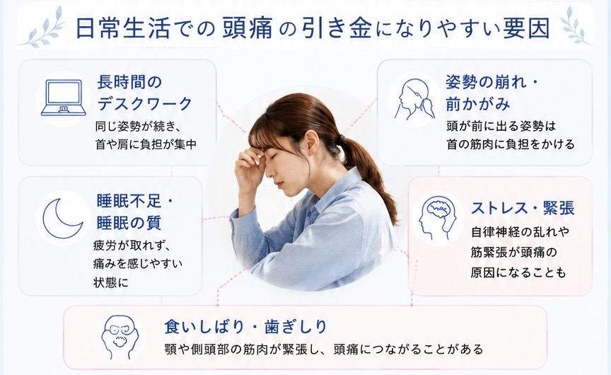 デスクワークや姿勢、睡眠、ストレス、食いしばりと頭痛の関係